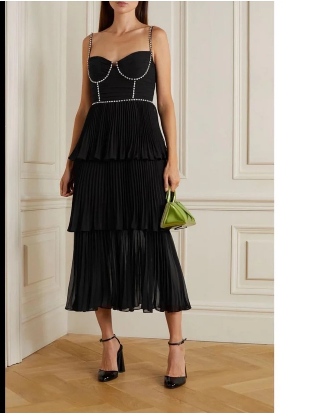 Self-Portrait Black Tiered Pleated Midi Dress with Pearl Trim
